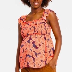 Floral Ruffle Maternity Top - Orange and Purple